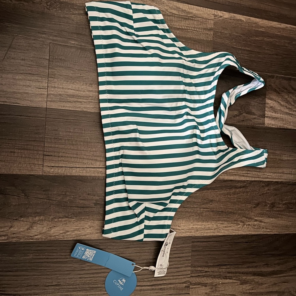 Green and White Striped bikini top